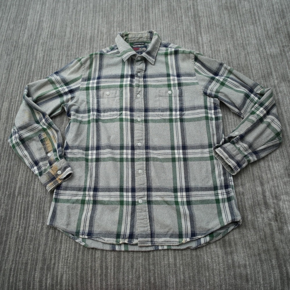 Old Navy Vintage Flannel Men Gray Green Plaid Soft Long Sleeve Button Up Large - Picture 1 of 11
